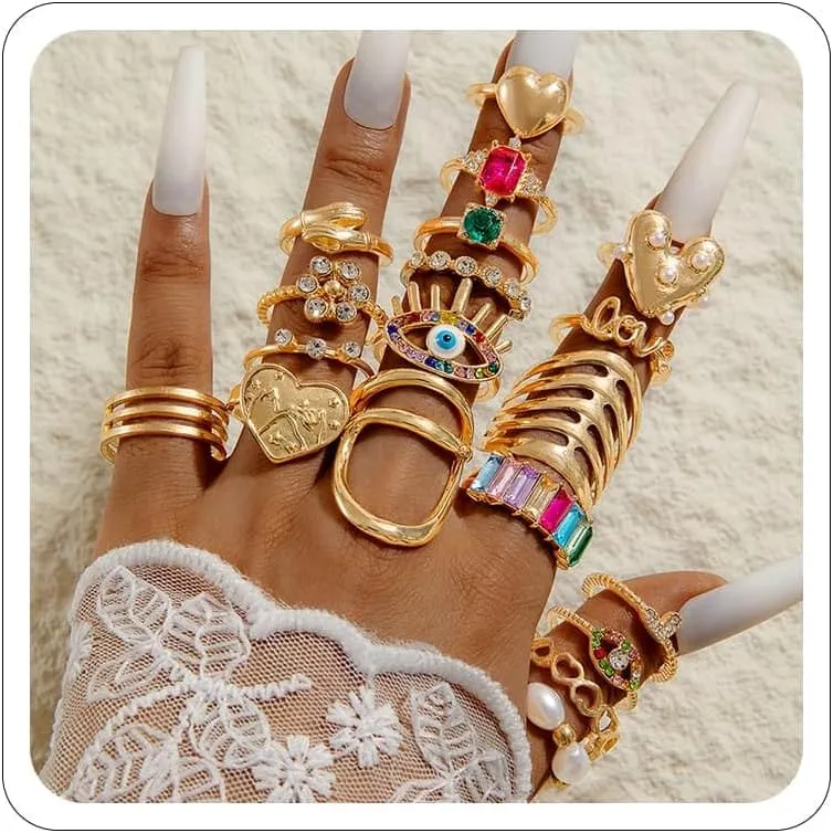 Gold Silver Rings for Women Pearl Colorful Rhinestone Waterproof Chunky Silver Ring Non Tarnish Gold Ring Set Stackable Statement Rings Adjustable Open Fashion Jewelry