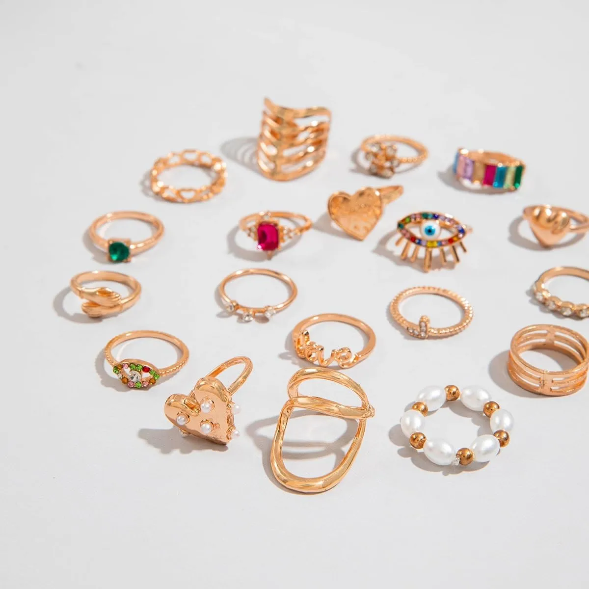 Gold Silver Rings for Women Pearl Colorful Rhinestone Waterproof Chunky Silver Ring Non Tarnish Gold Ring Set Stackable Statement Rings Adjustable Open Fashion Jewelry