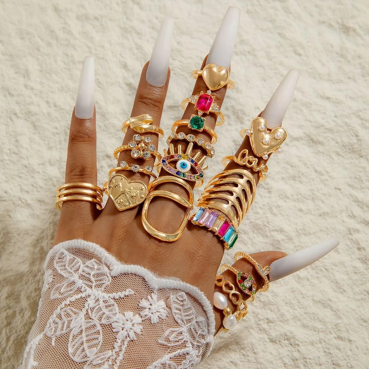 Gold Silver Rings for Women Pearl Colorful Rhinestone Waterproof Chunky Silver Ring Non Tarnish Gold Ring Set Stackable Statement Rings Adjustable Open Fashion Jewelry