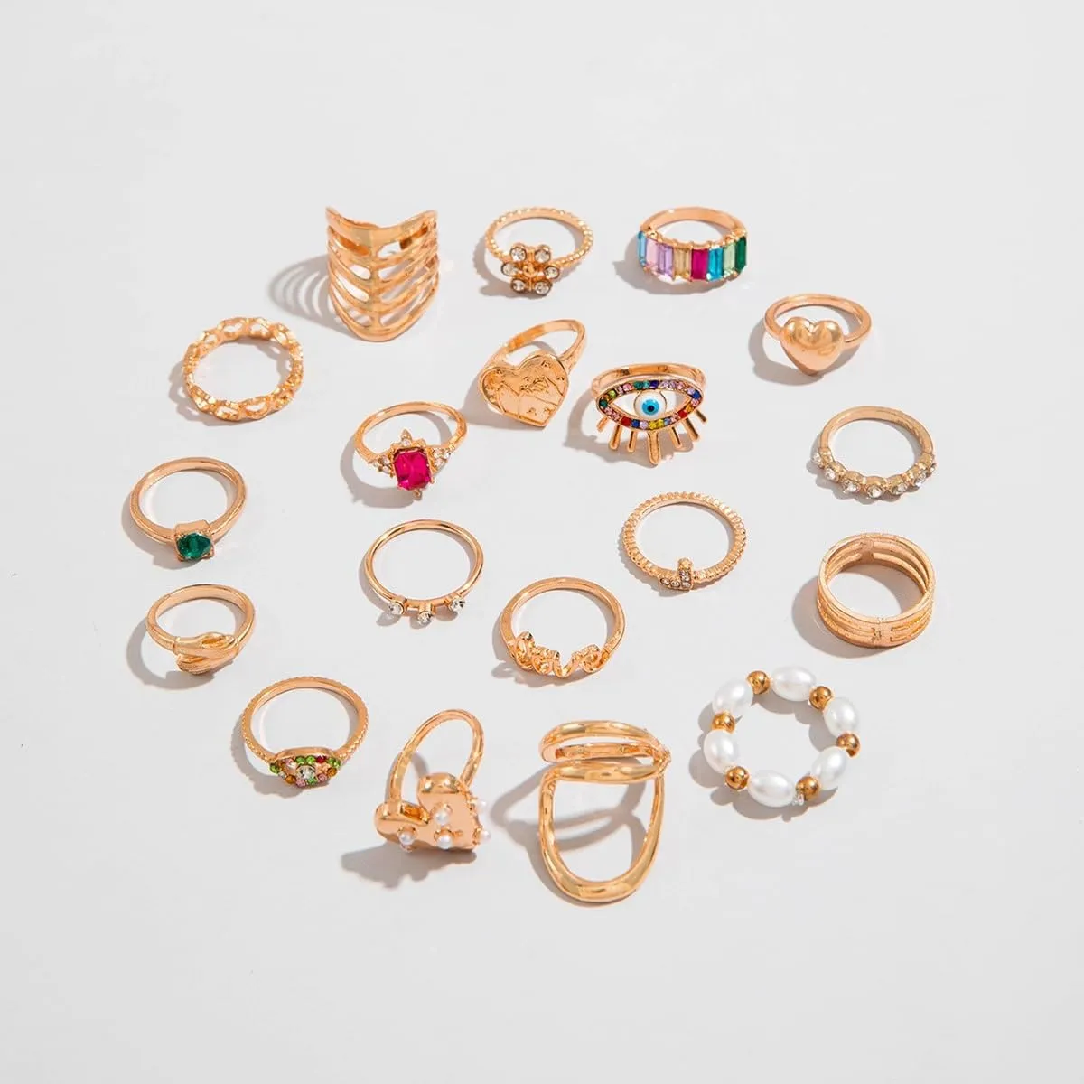Gold Silver Rings for Women Pearl Colorful Rhinestone Waterproof Chunky Silver Ring Non Tarnish Gold Ring Set Stackable Statement Rings Adjustable Open Fashion Jewelry
