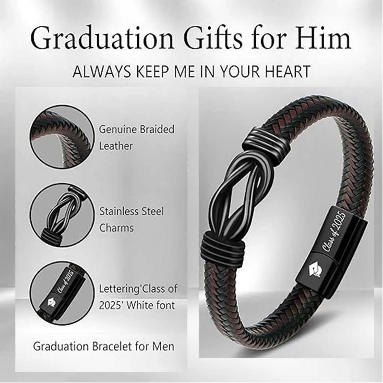 Graduation Gifts for Men 2025 - Brown Braided Leather Infinity Knot Bracelets Engraved Love Massage for Son Man Husband Boyfriend, Personalized Mens Bracelets Jewelry Gift for Birthday Christmas