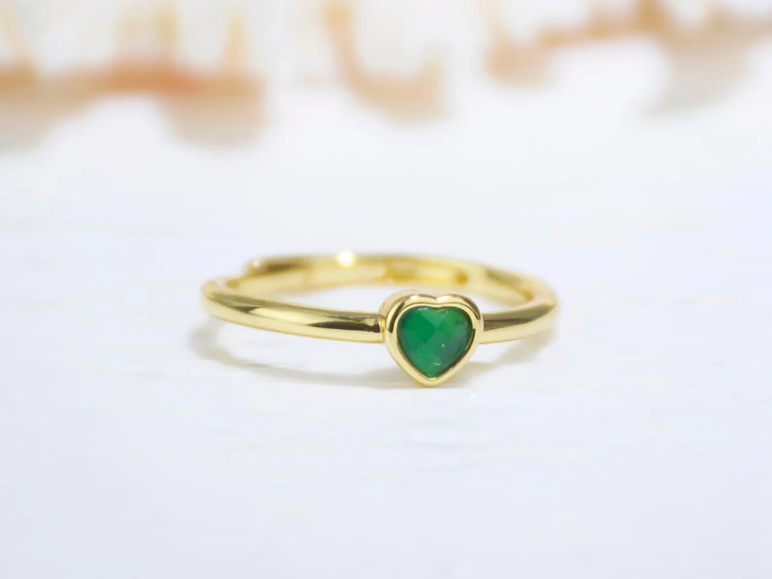 Green Agate Rings for Women, Natural Green Gemstone Rings Cocktail Ring. Dainty Adjustable 14k Gold Plated Heart Rings for Her