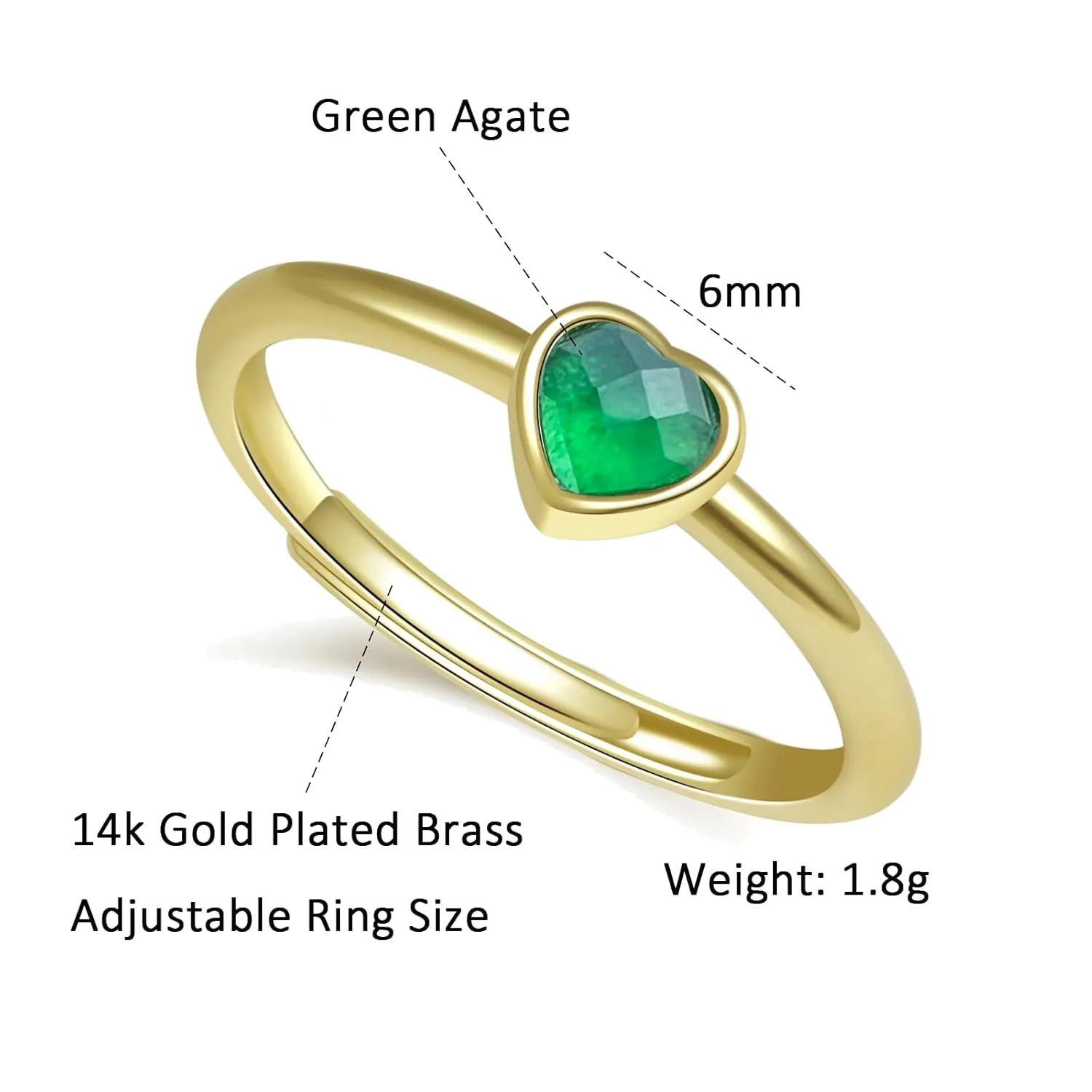 Green Agate Rings for Women, Natural Green Gemstone Rings Cocktail Ring. Dainty Adjustable 14k Gold Plated Heart Rings for Her
