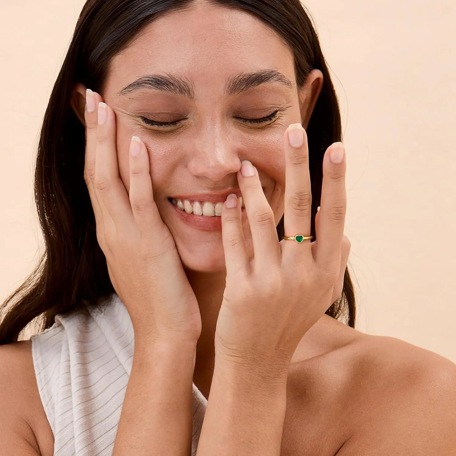 Green Agate Rings for Women, Natural Green Gemstone Rings Cocktail Ring. Dainty Adjustable 14k Gold Plated Heart Rings for Her
