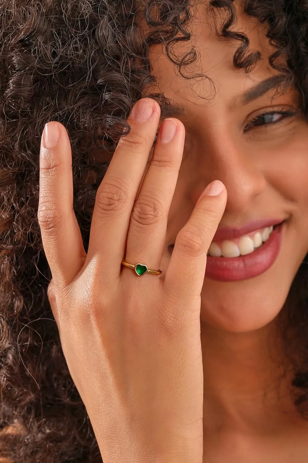 Green Agate Rings for Women, Natural Green Gemstone Rings Cocktail Ring. Dainty Adjustable 14k Gold Plated Heart Rings for Her
