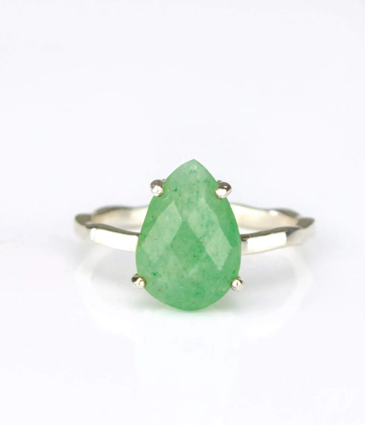 Green Aventurine Teardrop Ring, Vermeil Gold or Sterling Silver, Prong set ring