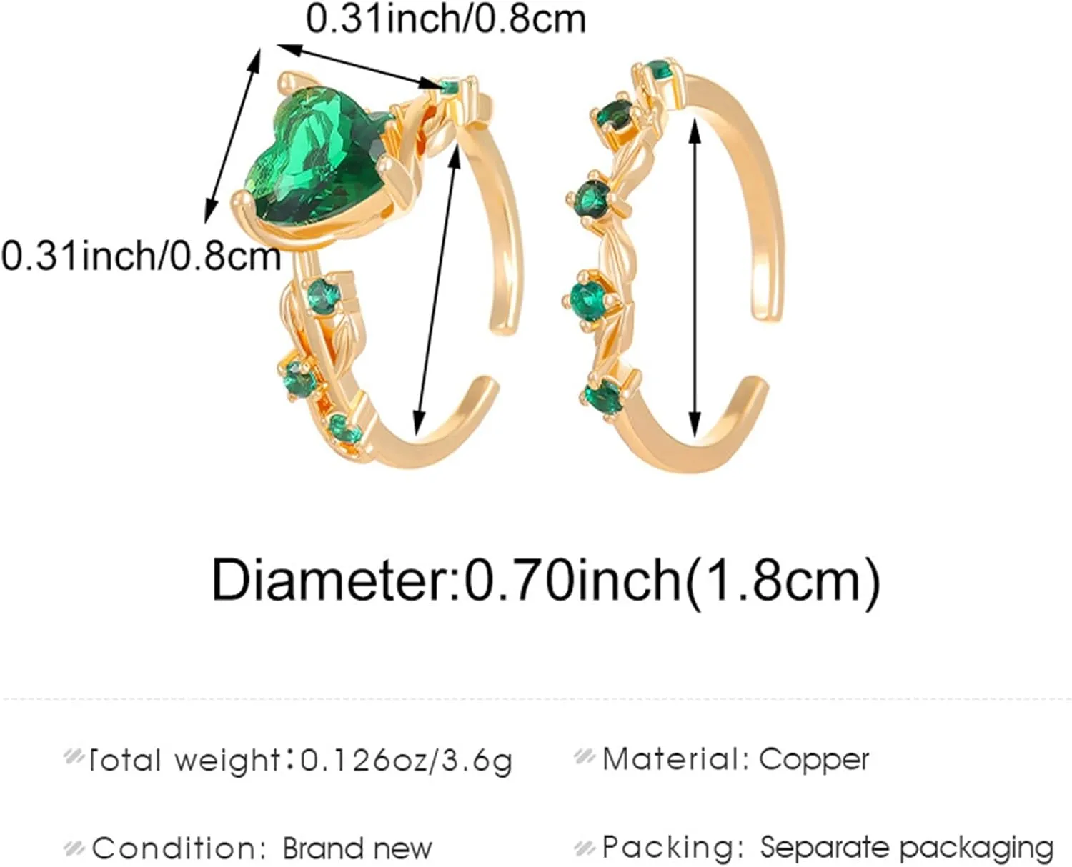 Heart Ring White Green Cubic Zirconia Stainless Heart Adjustable Ring Jewelry Natural Heart Shape (Black, One Size)