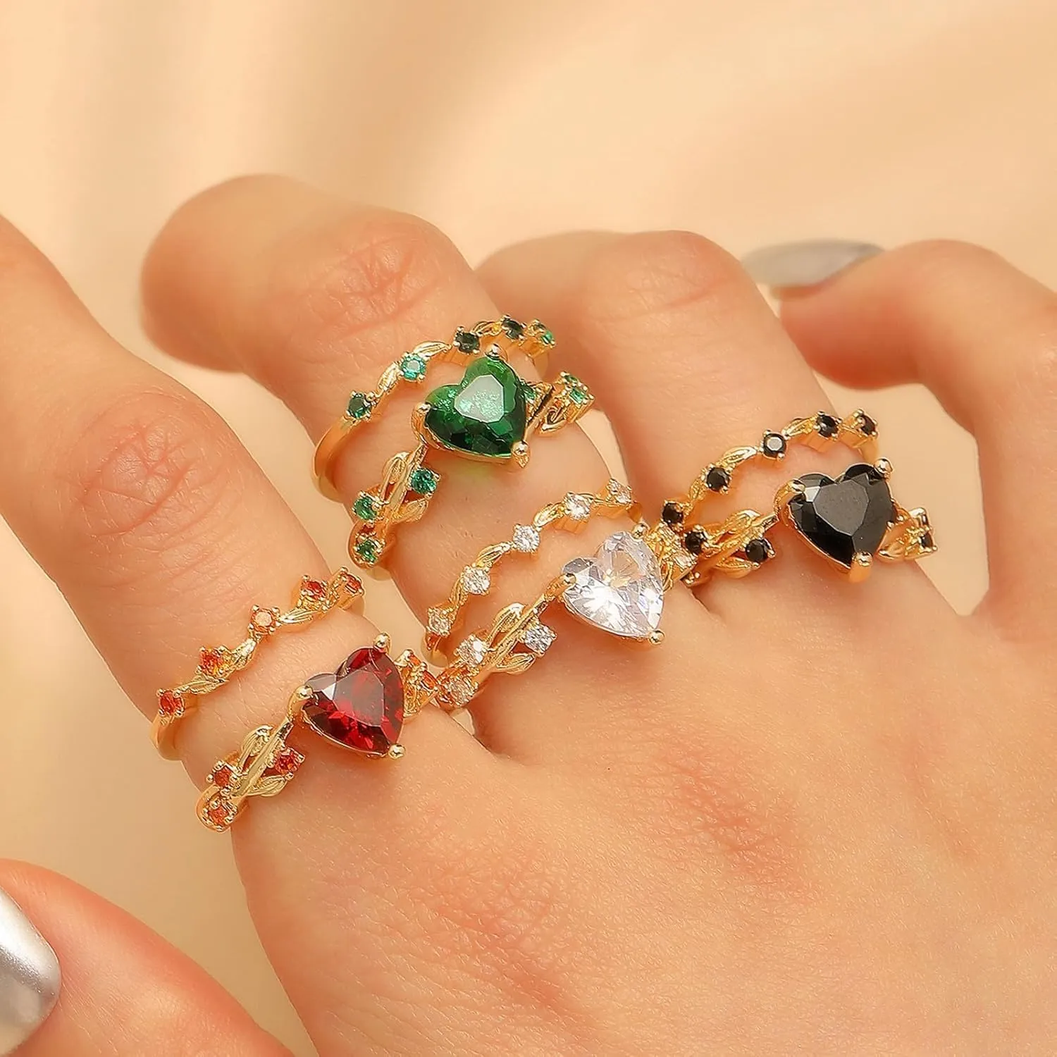 Heart Ring White Green Cubic Zirconia Stainless Heart Adjustable Ring Jewelry Natural Heart Shape (Black, One Size)