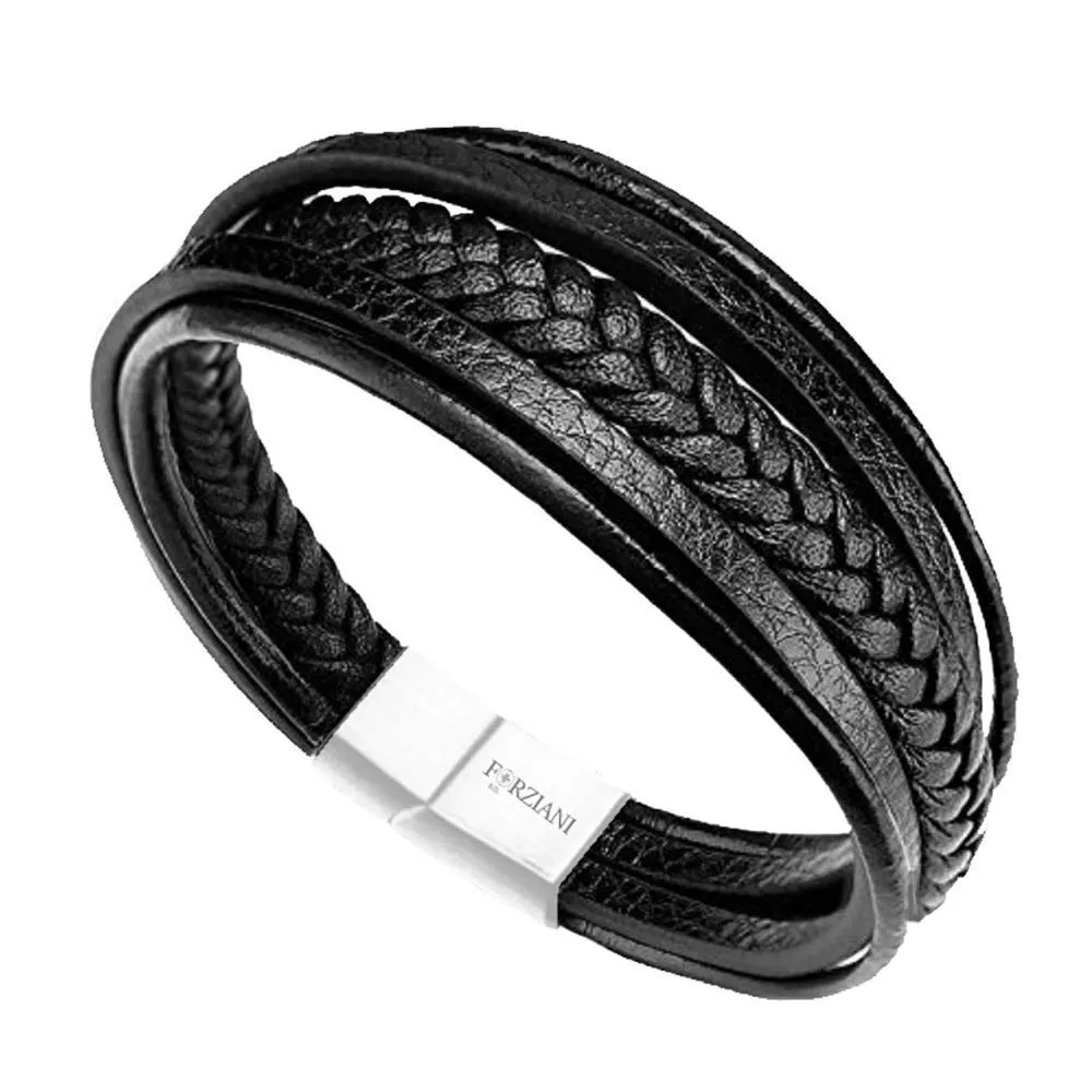 High Quality American Cowhide Black Leather Bracelet for Men - Woven Multilayer Wrap Braided Mens Wristband Steel Clasp - Sz Large - Premium Mens Gift - Gift Box Packaged