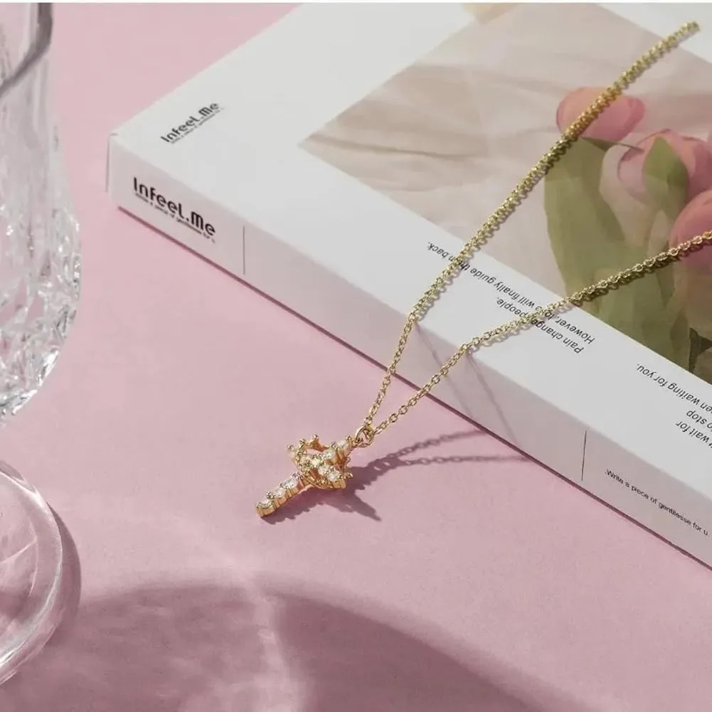 Hiscrown Cross & Crown Necklace,Gold Rotatable Crown Sideways Cross Necklace,Tiny Gold Jewelry(Gold)