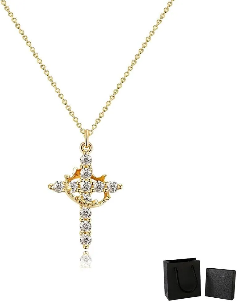 Hiscrown Cross & Crown Necklace,Gold Rotatable Crown Sideways Cross Necklace,Tiny Gold Jewelry(Gold)