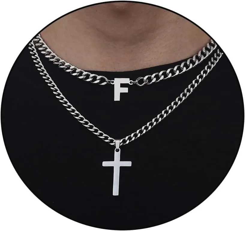 Honsny Layered Cross Initial Necklace for Men, Silver Stainless Steel Mens Cross Pendant Necklaces Letter A-Z Cuban Link Chain Necklace for Men 16/18 2 Inches Jewelry Gift
