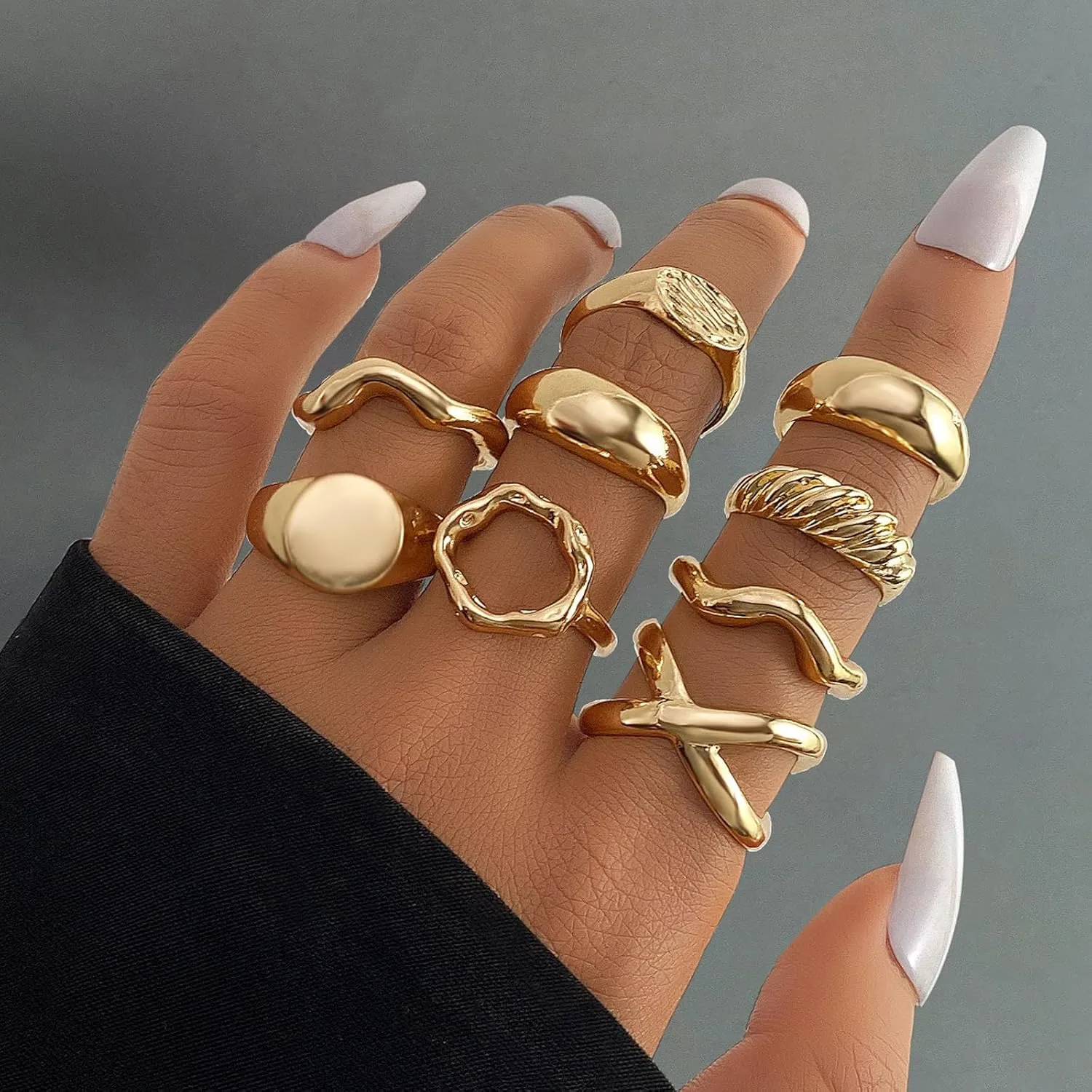 HUASAI Gold Rings Stackable Chunky Statement Jewelry Knuckle Finger Adjustable Set