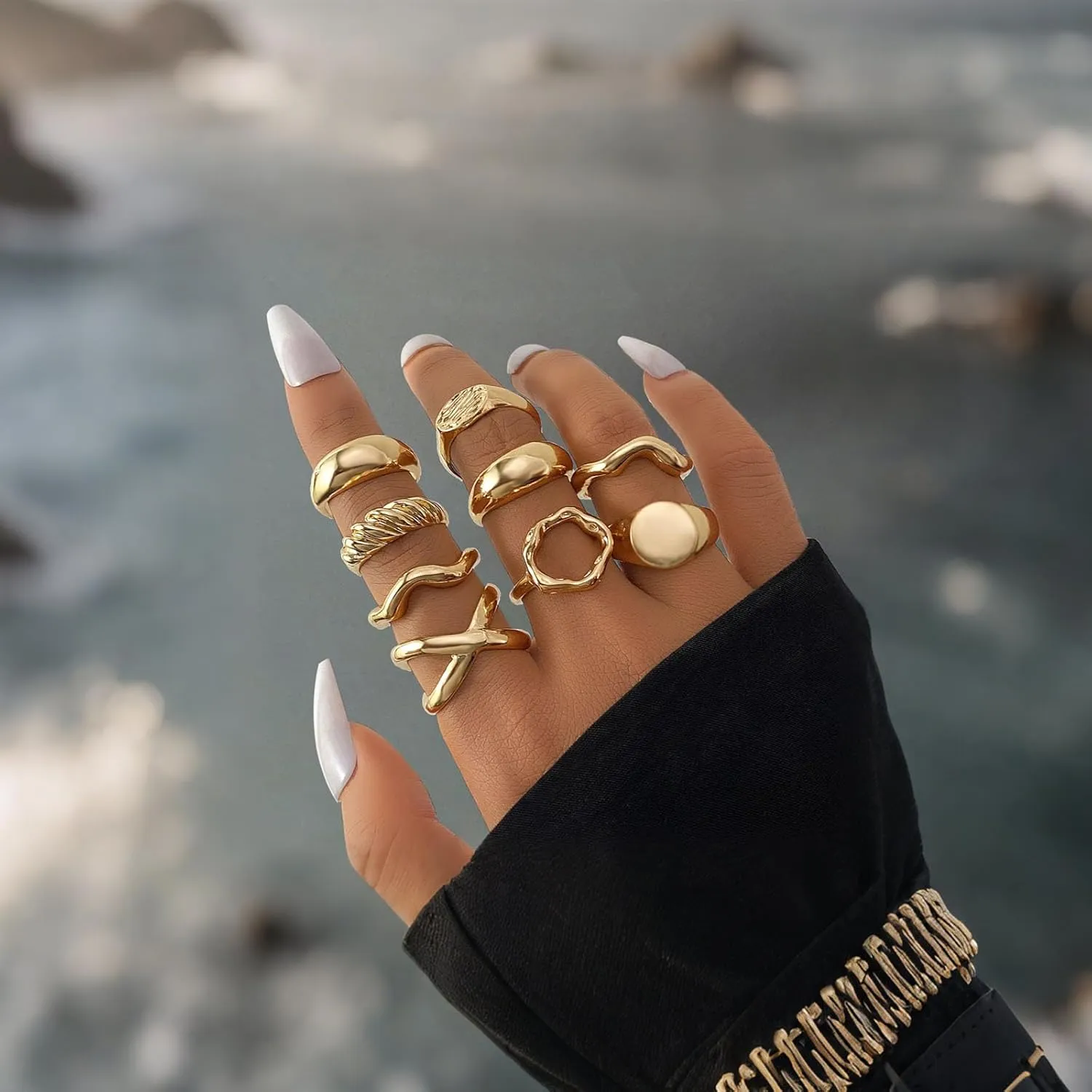 HUASAI Gold Rings Stackable Chunky Statement Jewelry Knuckle Finger Adjustable Set