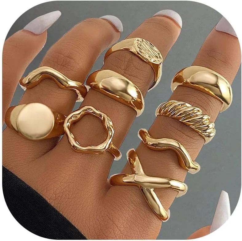 HUASAI Gold Rings Stackable Chunky Statement Jewelry Knuckle Finger Adjustable Set