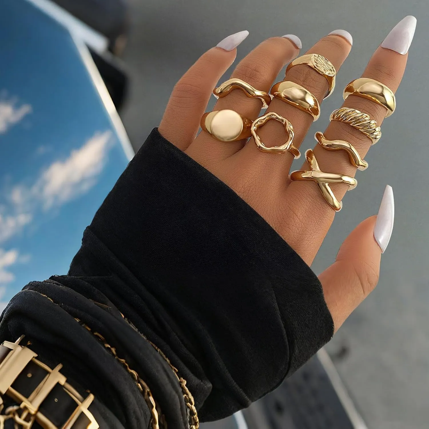 HUASAI Gold Rings Stackable Chunky Statement Jewelry Knuckle Finger Adjustable Set