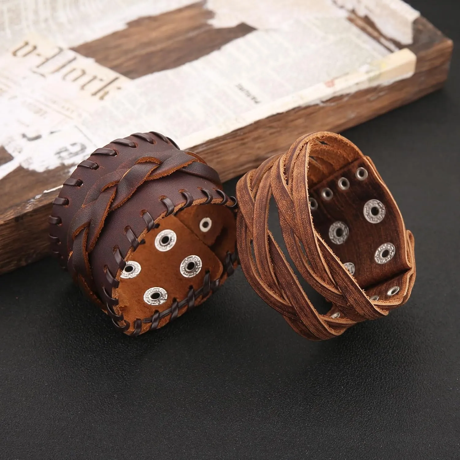 HZMAN 2Pcs Retro Leather Bracelets for Men Brown Rock Cuff Bracelet
