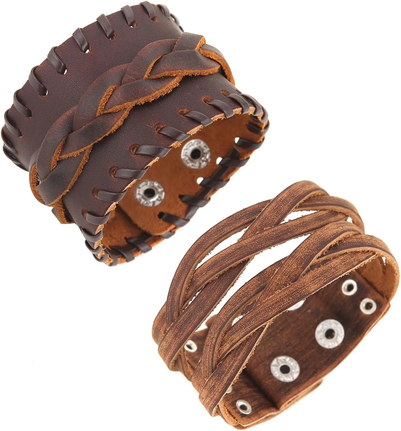 HZMAN 2Pcs Retro Leather Bracelets for Men Brown Rock Cuff Bracelet