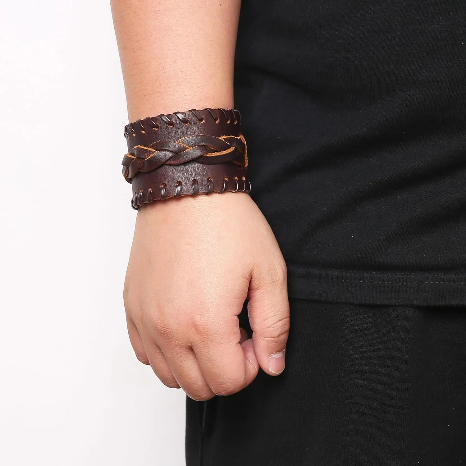 HZMAN 2Pcs Retro Leather Bracelets for Men Brown Rock Cuff Bracelet