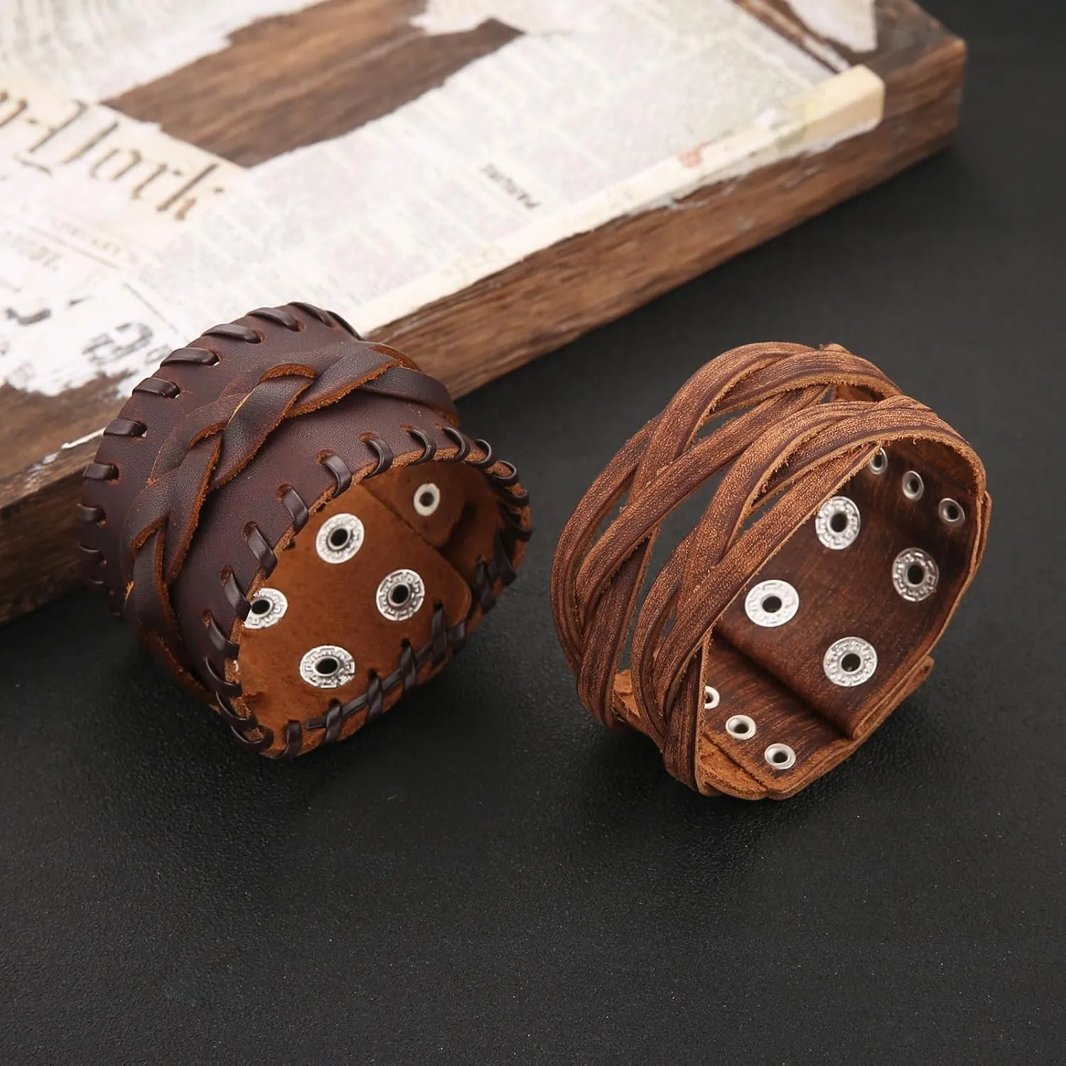 HZMAN 2Pcs Retro Leather Bracelets for Men Brown Rock Cuff Bracelet