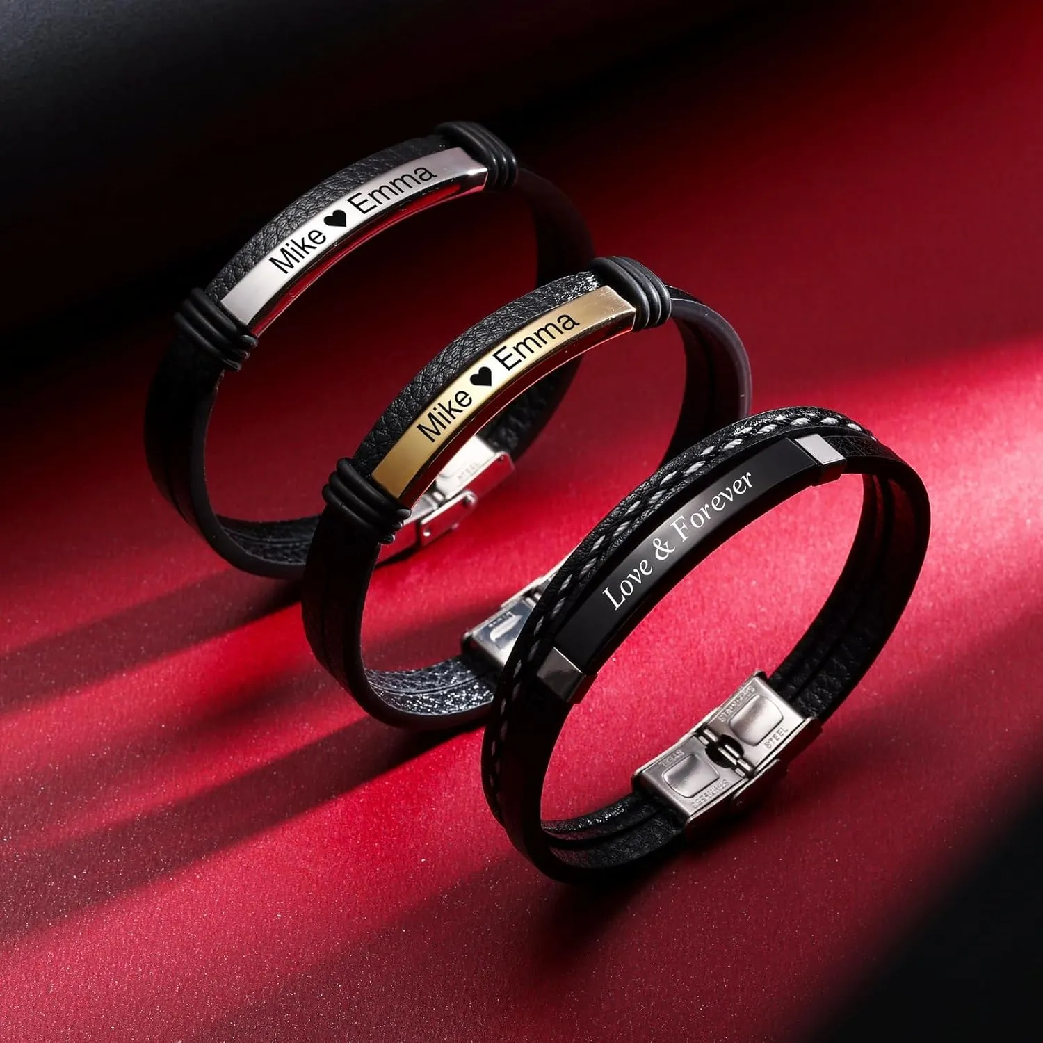 INBLUE Personalized Leather Bracelets for Men Stainless Steel Label Braided Jewelry Engraved Name Bracelets Birthday Gift