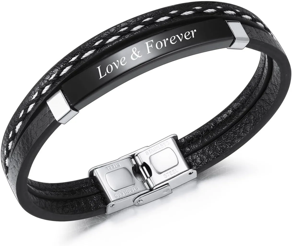 INBLUE Personalized Leather Bracelets for Men Stainless Steel Label Braided Jewelry Engraved Name Bracelets Birthday Gift