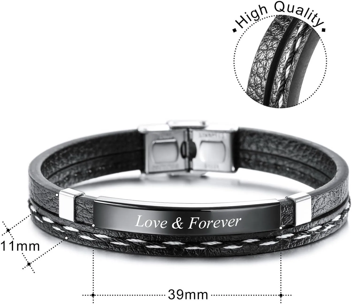 INBLUE Personalized Leather Bracelets for Men Stainless Steel Label Braided Jewelry Engraved Name Bracelets Birthday Gift