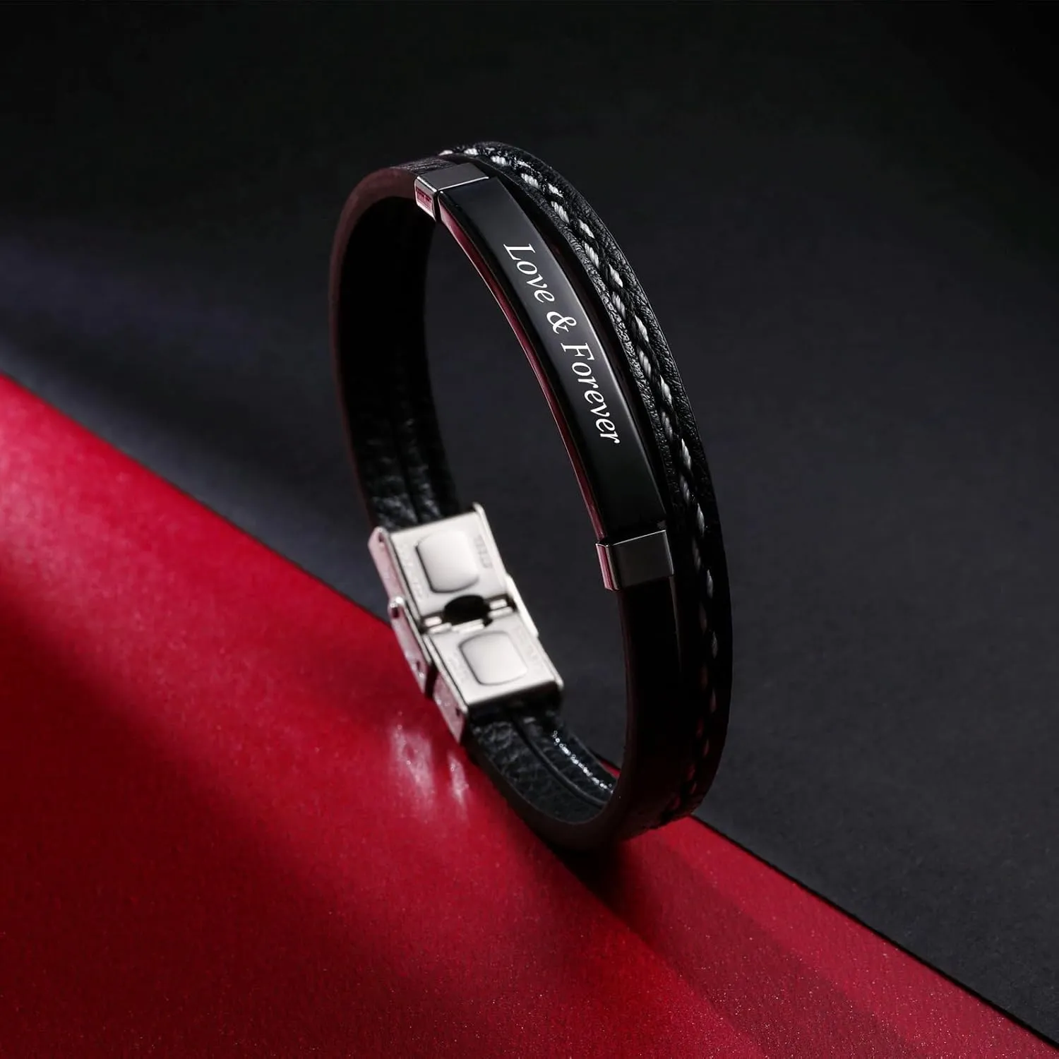 INBLUE Personalized Leather Bracelets for Men Stainless Steel Label Braided Jewelry Engraved Name Bracelets Birthday Gift