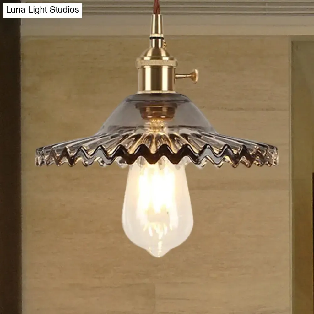 Industrial Brass Scalloped Pendant Light with Glass Shade - 1-Light Hanging Ceiling Fixture for Dining Room - Black/White/Green Design