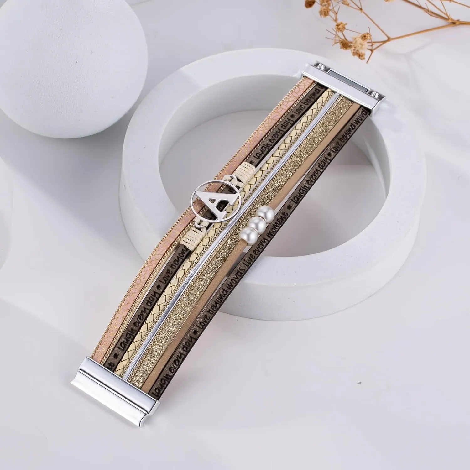 Initial Letter Leather Boho Bracelets for Women Wrap Cuff Bracelets Gifts for Women Trendy Pearl Beads Cuff Bracelet Jewelry