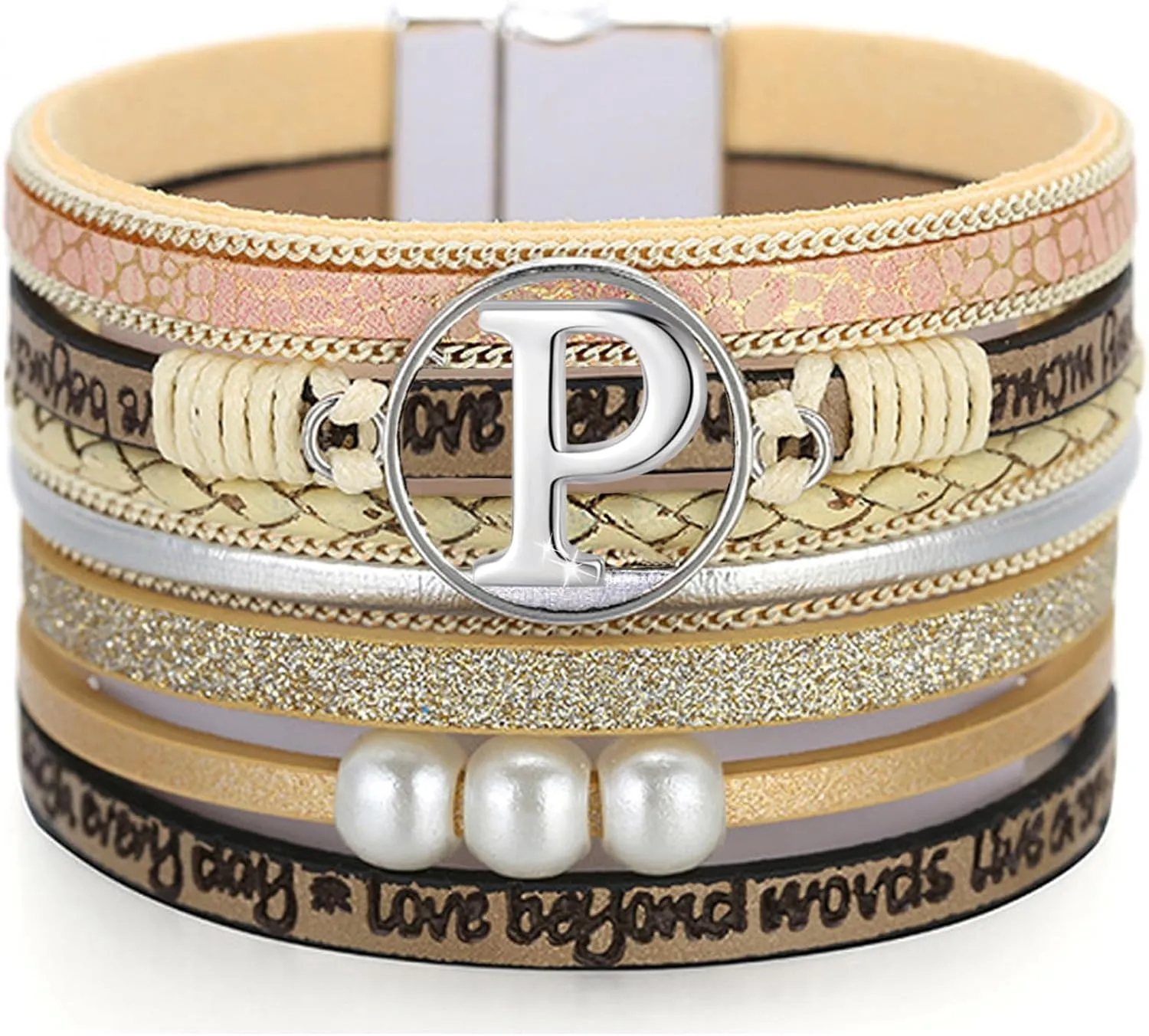 Initial Letter Leather Boho Bracelets for Women Wrap Cuff Bracelets Gifts for Women Trendy Pearl Beads Cuff Bracelet Jewelry