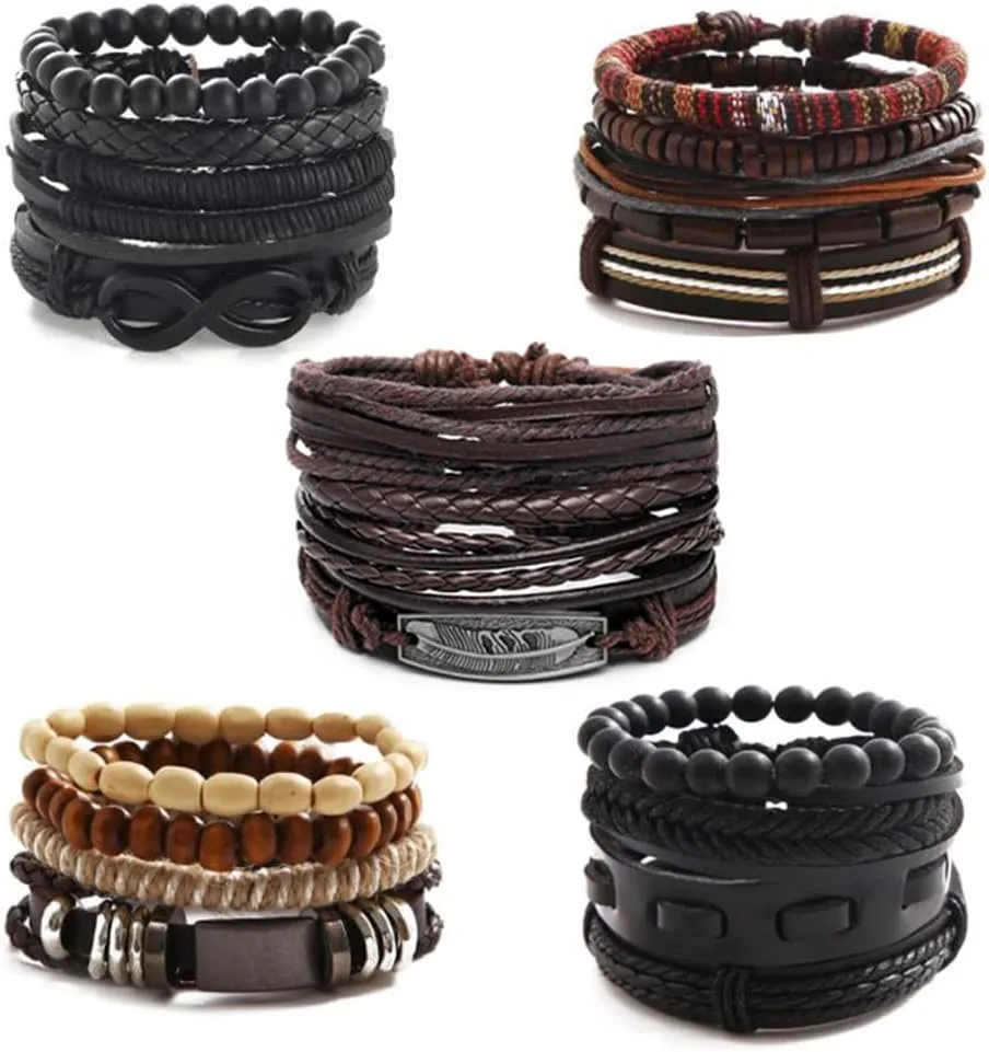 Iron Sheet Black Men's Leather Bracelet Creative Lucky 8 Character Wooden Bead Hemp Rope Braided Bracelet Set