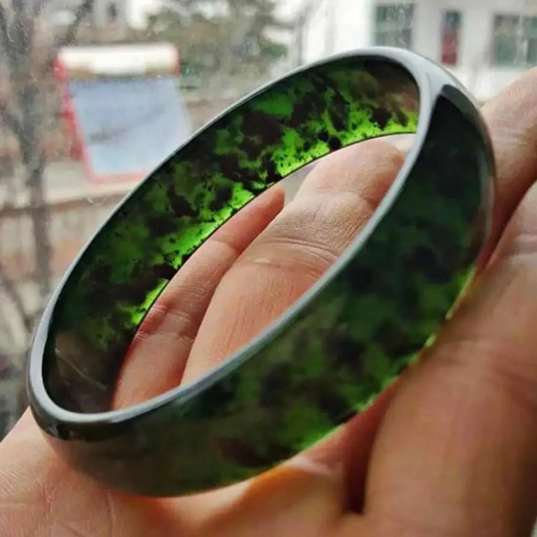 Jade Bangle Bracelet for Women Feng Shui Dark Green Bangle Woman Good Luck Wealth Bracelet