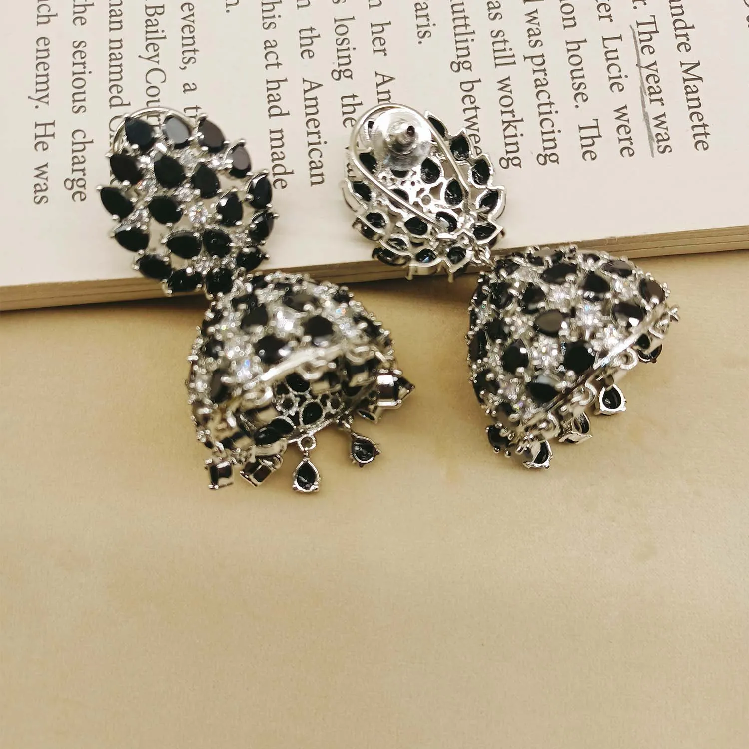 Jhanvi Black Silver Plated American Diamond Jhumki