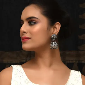 Jhanvi Black Silver Plated American Diamond Jhumki