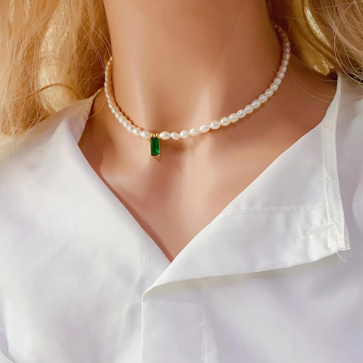 JINHUI Pearl Choker Necklace for Women, Dainty Love Heart/Evil Eye Hamsa Hand/Emerald Cut/Teardrop Birthstone/Star Charm Necklace Jewelry Gift for Her