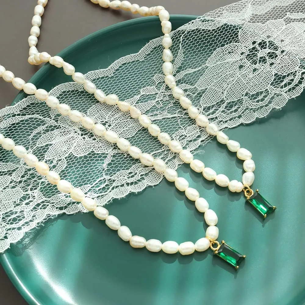 JINHUI Pearl Choker Necklace for Women, Dainty Love Heart/Evil Eye Hamsa Hand/Emerald Cut/Teardrop Birthstone/Star Charm Necklace Jewelry Gift for Her
