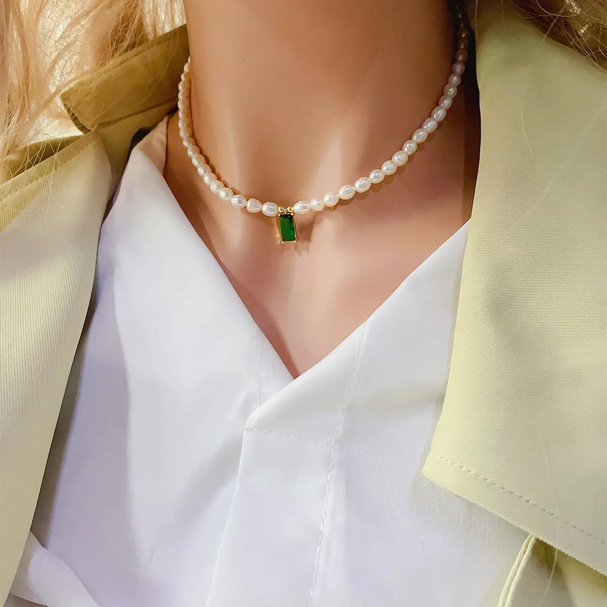 JINHUI Pearl Choker Necklace for Women, Dainty Love Heart/Evil Eye Hamsa Hand/Emerald Cut/Teardrop Birthstone/Star Charm Necklace Jewelry Gift for Her