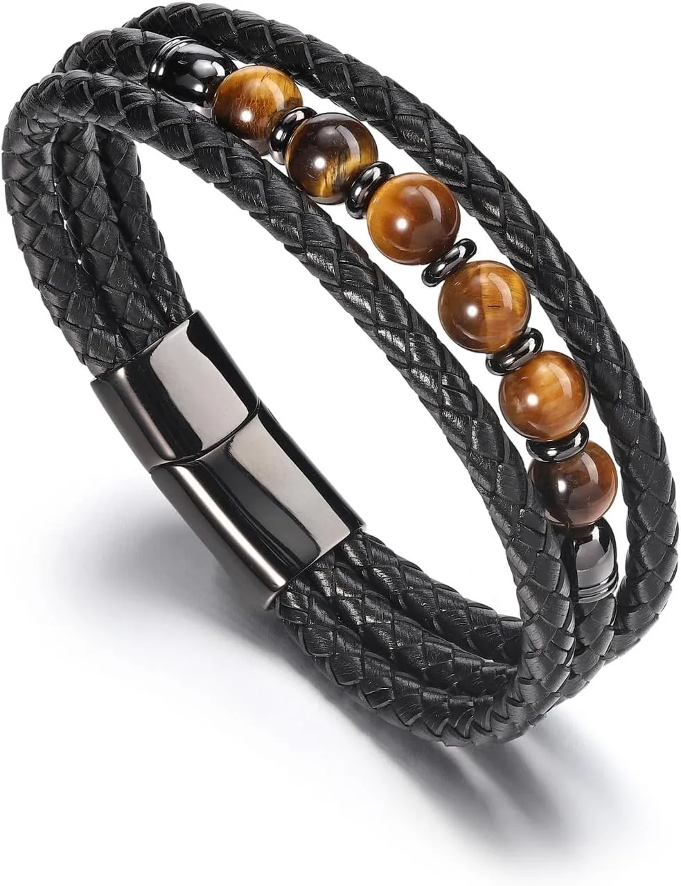 Jovivi Mens Leather Beads Bracelets Natural Tiger Eye Stone/Black Obsidian Beaded Multilayer Braided Leather Cuff Bracelets with Stainless Steel Clasp Protection Jewelry Gifts for Him