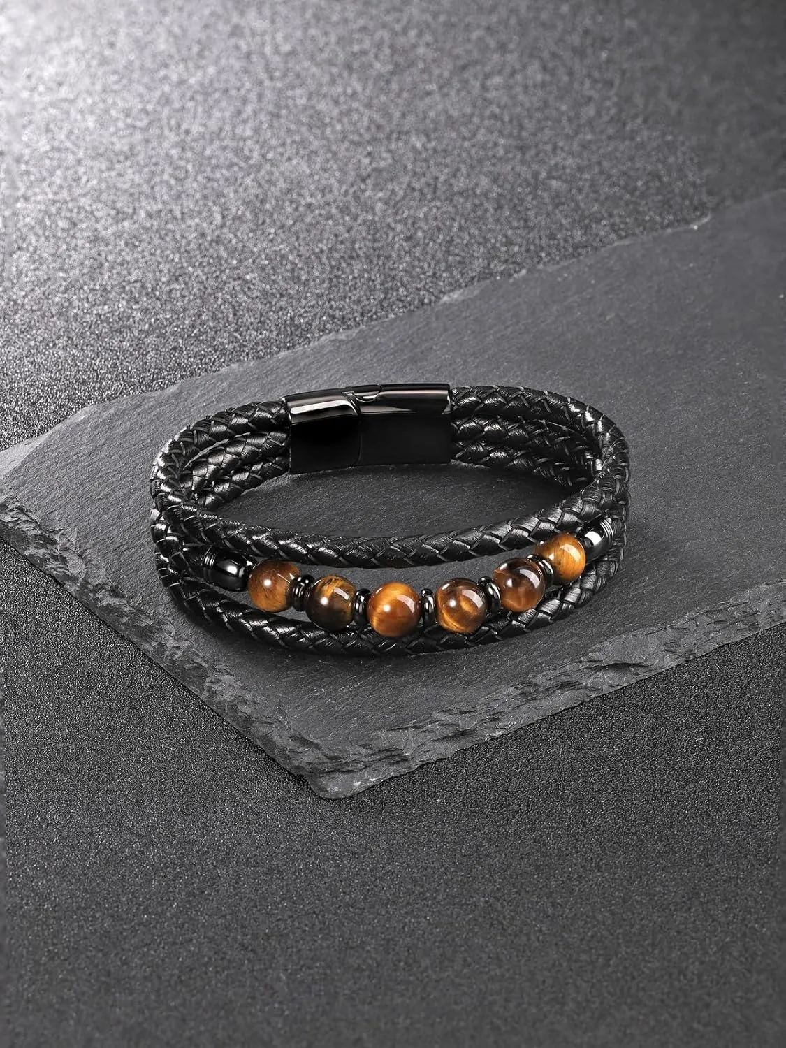 Jovivi Mens Leather Beads Bracelets Natural Tiger Eye Stone/Black Obsidian Beaded Multilayer Braided Leather Cuff Bracelets with Stainless Steel Clasp Protection Jewelry Gifts for Him