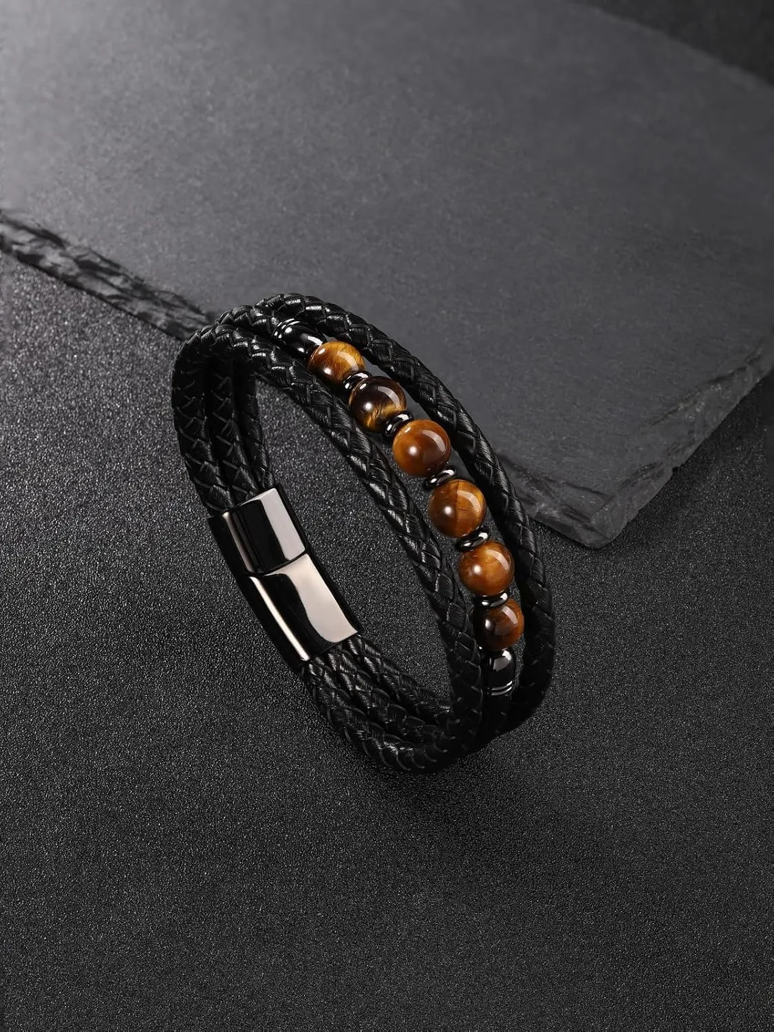 Jovivi Mens Leather Beads Bracelets Natural Tiger Eye Stone/Black Obsidian Beaded Multilayer Braided Leather Cuff Bracelets with Stainless Steel Clasp Protection Jewelry Gifts for Him