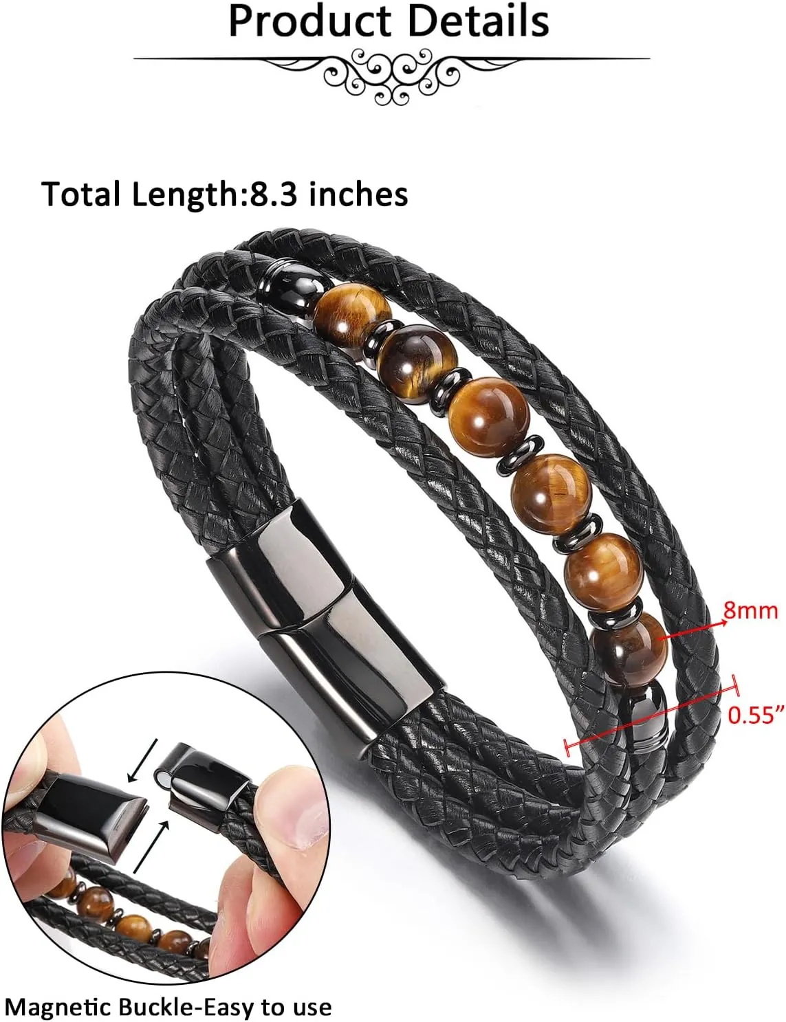Jovivi Mens Leather Beads Bracelets Natural Tiger Eye Stone/Black Obsidian Beaded Multilayer Braided Leather Cuff Bracelets with Stainless Steel Clasp Protection Jewelry Gifts for Him