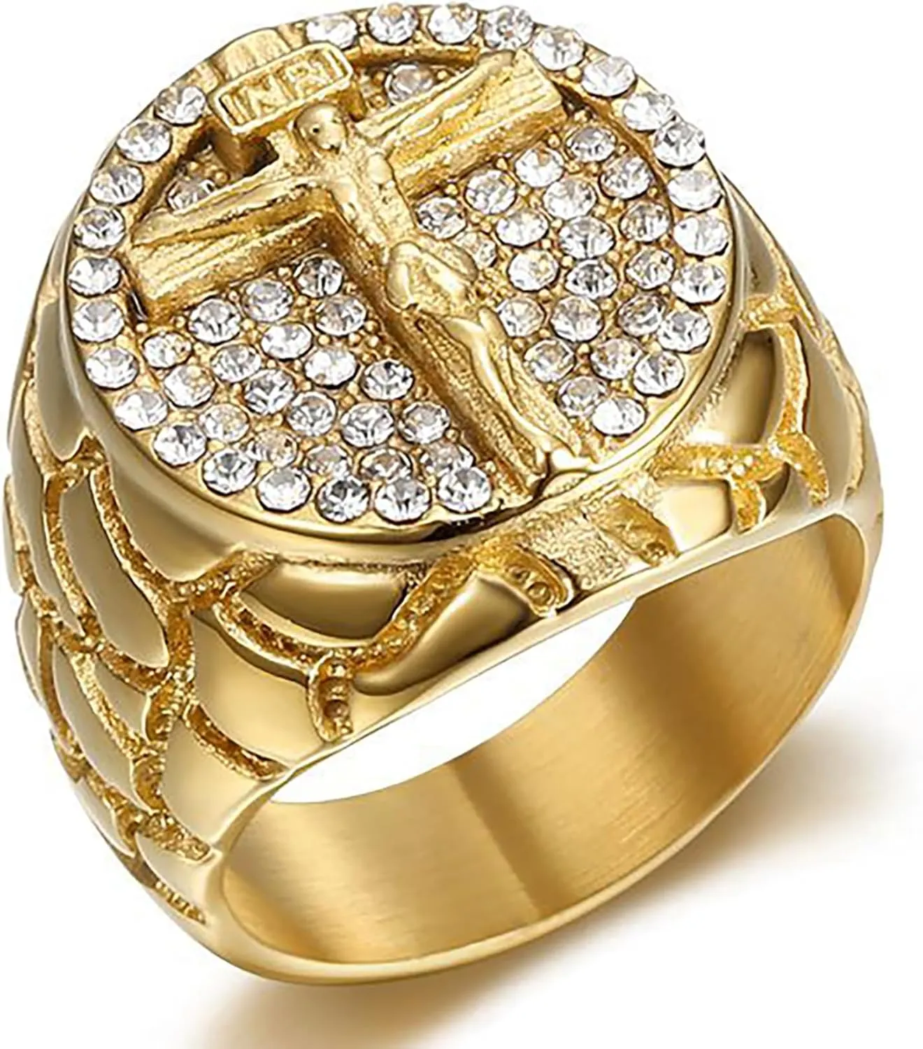 JWM Stainless Steel Jesus Cross Rings Golden Large Rings for Men Women Adults, Cocktail Party Rings, Delicate Packaging