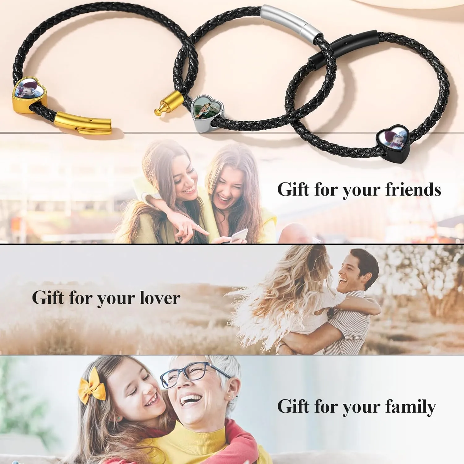 KeyStyle Custom Photo Bracelets for Men Women, Black Punk Leather Cuff Bracelet Braided Leathers Wrap Wristbands Adjustable Personalized Heart Gifts for Mother Wife Love One