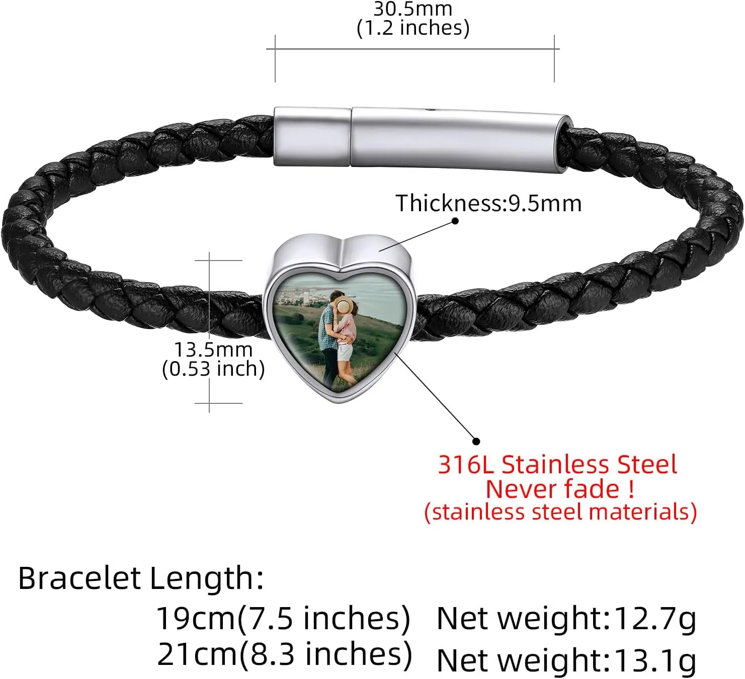 KeyStyle Custom Photo Bracelets for Men Women, Black Punk Leather Cuff Bracelet Braided Leathers Wrap Wristbands Adjustable Personalized Heart Gifts for Mother Wife Love One