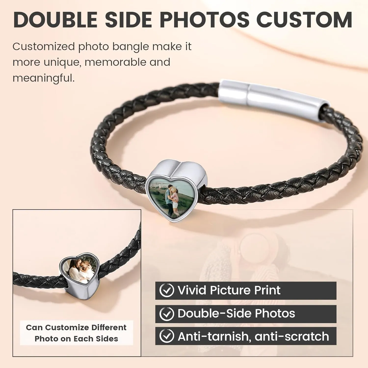 KeyStyle Custom Photo Bracelets for Men Women, Black Punk Leather Cuff Bracelet Braided Leathers Wrap Wristbands Adjustable Personalized Heart Gifts for Mother Wife Love One