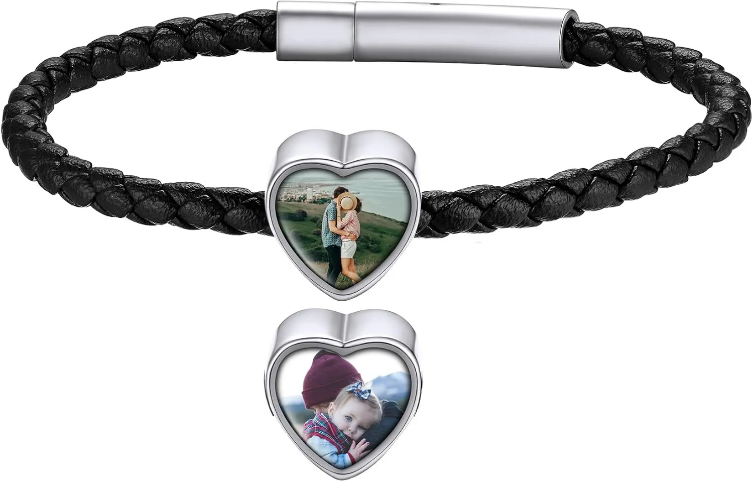 KeyStyle Custom Photo Bracelets for Men Women, Black Punk Leather Cuff Bracelet Braided Leathers Wrap Wristbands Adjustable Personalized Heart Gifts for Mother Wife Love One