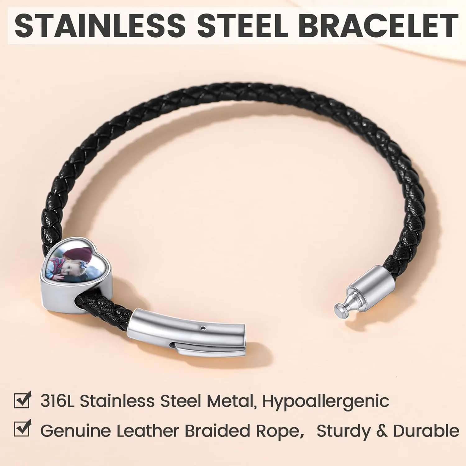 KeyStyle Custom Photo Bracelets for Men Women, Black Punk Leather Cuff Bracelet Braided Leathers Wrap Wristbands Adjustable Personalized Heart Gifts for Mother Wife Love One