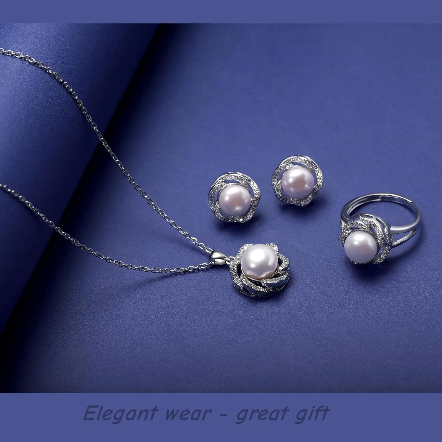 la luen Pearl Necklace Set,S925 Gold/Silver Plated 3piece Freshwater Pearl with CZ Diamond Necklace Stud Earrings Ring Jewelry for Women Mom Brides Bridesmaids