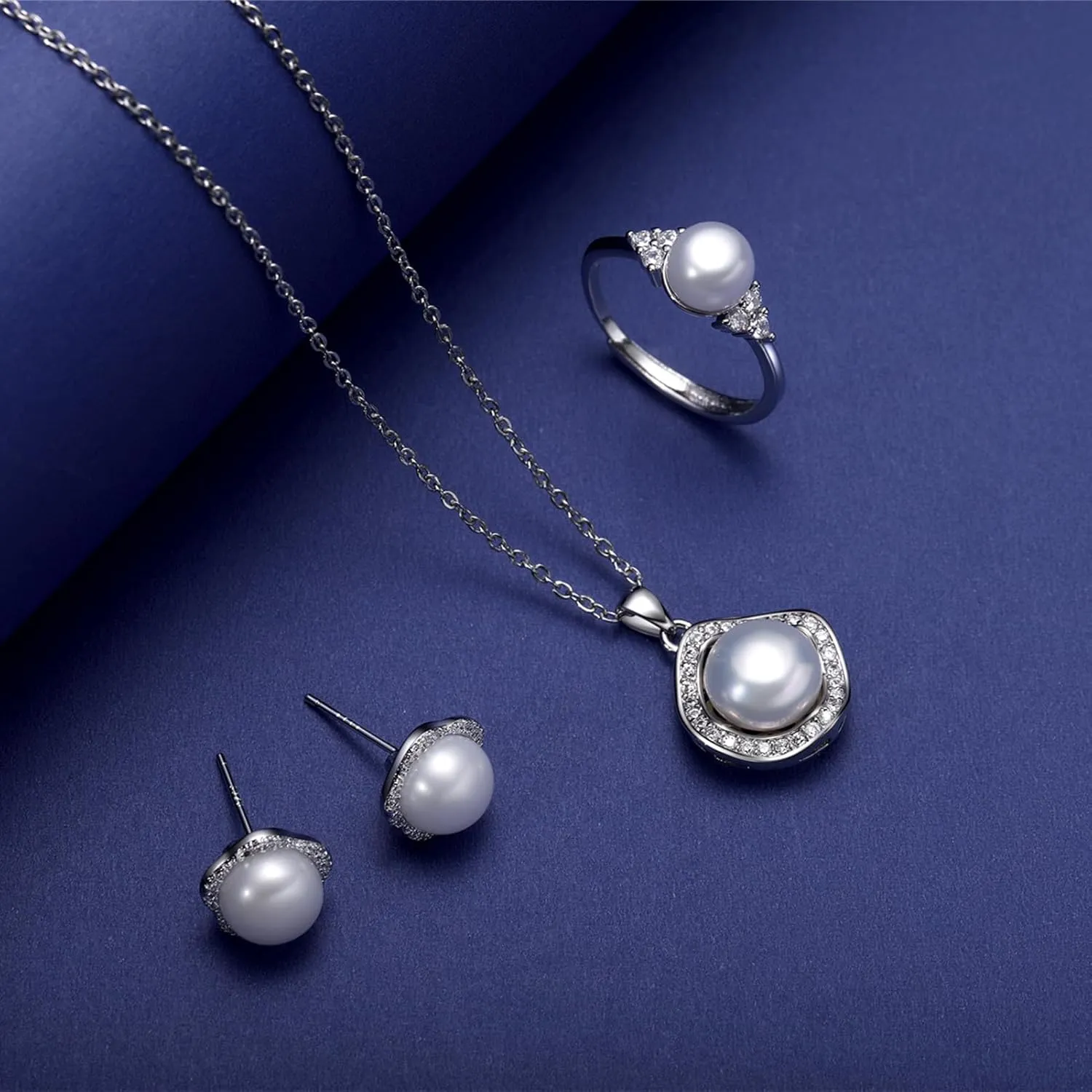 la luen Pearl Necklace Set,S925 Gold/Silver Plated 3piece Freshwater Pearl with CZ Diamond Necklace Stud Earrings Ring Jewelry for Women Mom Brides Bridesmaids